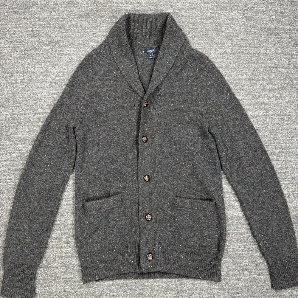 J Crew Sweater Men XS Gray Lambswool Shawl Collar Cardigan Speckled Pockets Knit